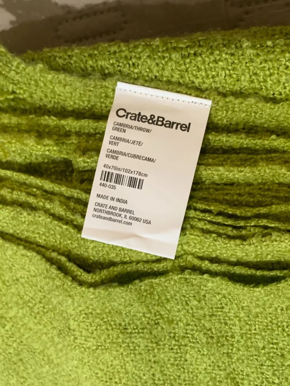 Crate & Barrel Cambria throw green 40x70 Inch #440-035 New